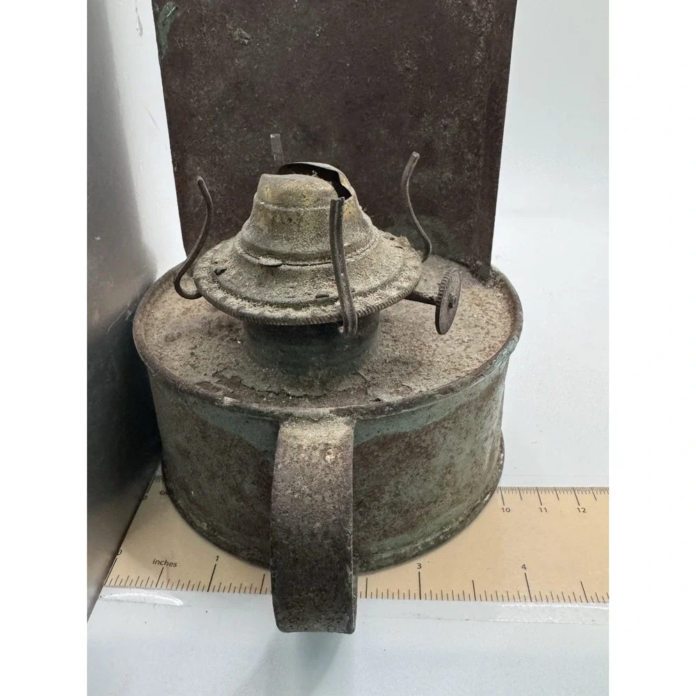 Antique 19th C Primitive Tin Reflector Oil Lamp With Old Blue Paint Surface